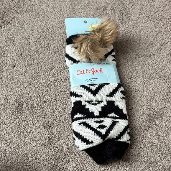 Cat & Jack Black/White Faux Fur Leg Warmers - Picture 1 of 4